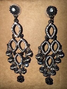 Crystal-Embellished Black Chandelier Earrings - Unbranded